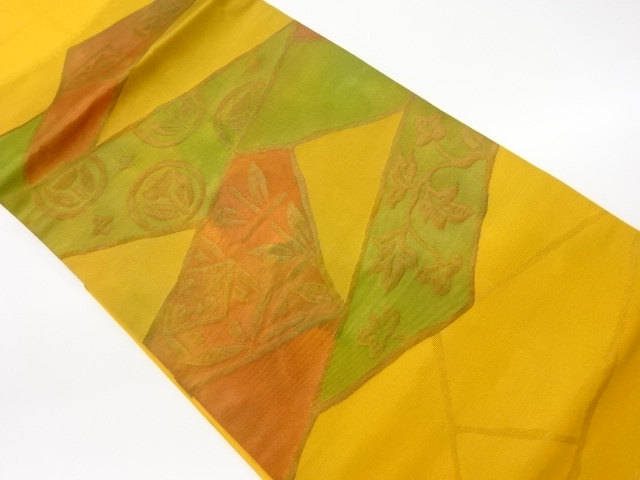 JAPANESE KIMONO / VINTAGE NAGOYA OBI / MATELASSE / WOVEN ABSTRACT FLORAL PLANTS